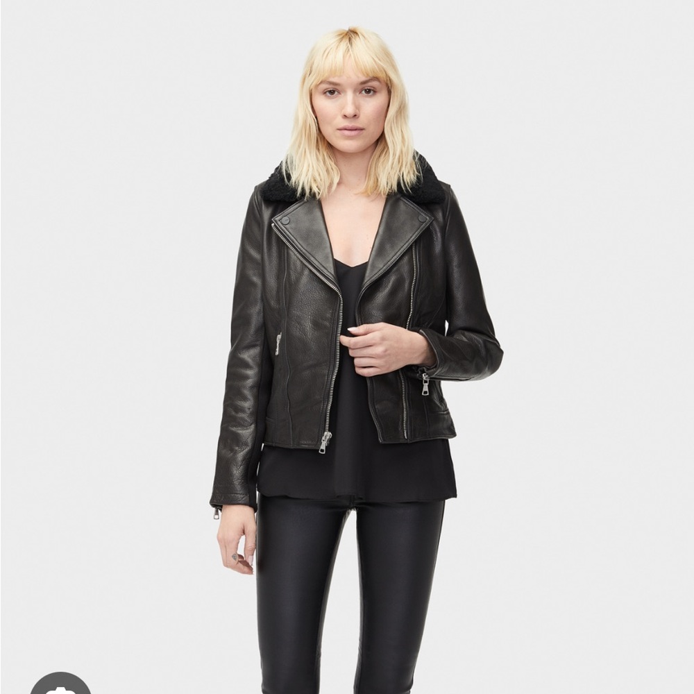 BRAND NEW UGG Women's Andee Black Leather Jacket, Removable Fur Collar